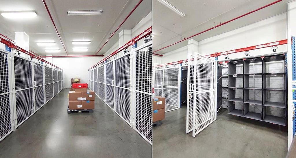 Another Storeganizer high density storage system delivered and installed by Tellus Systems Limited in a secure area. Maximising the storage capacity behind the wire mesh doors.